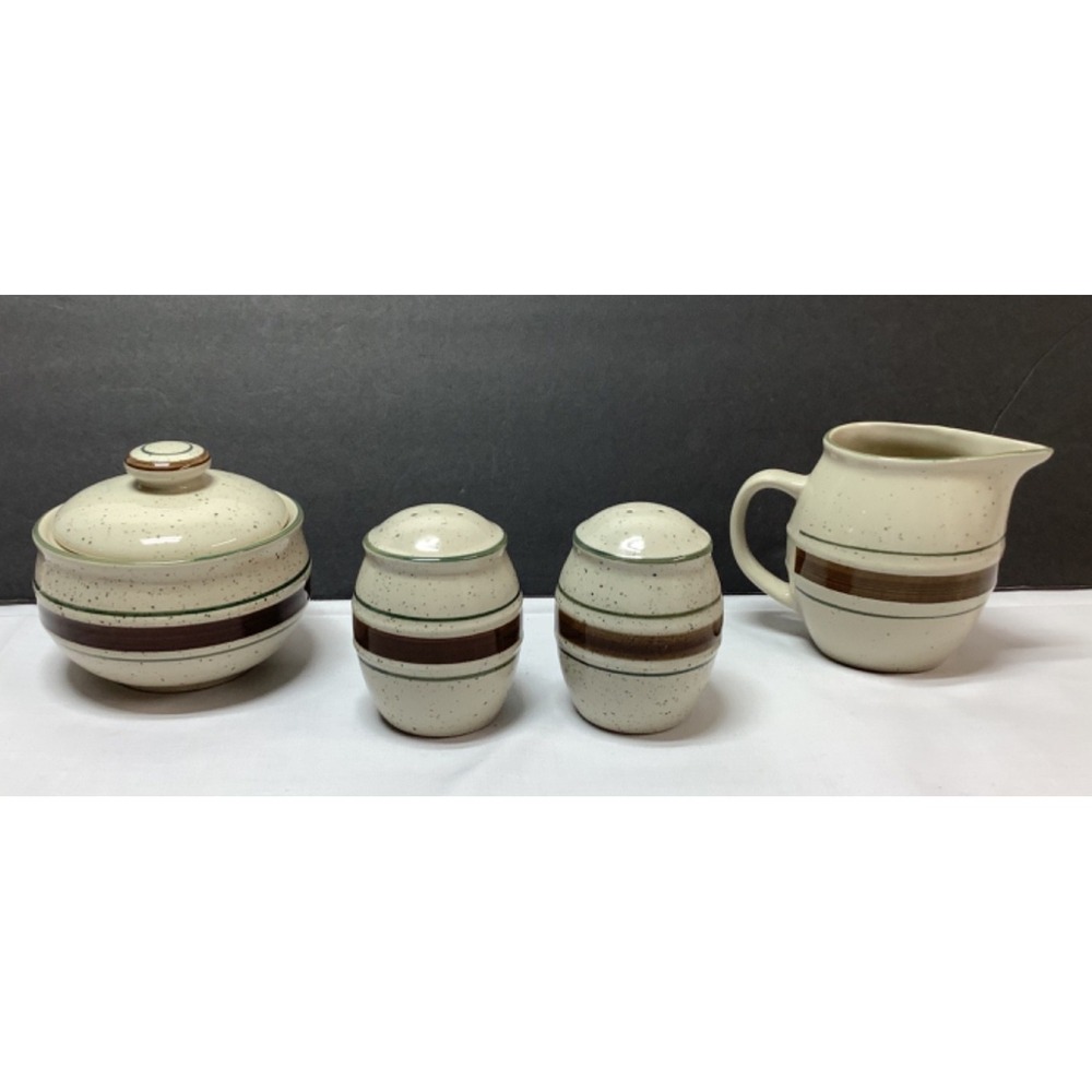 Cabela's Folkcraft Stoneware Sugar Bowl Creamer Salt & Pepper Shakers Set